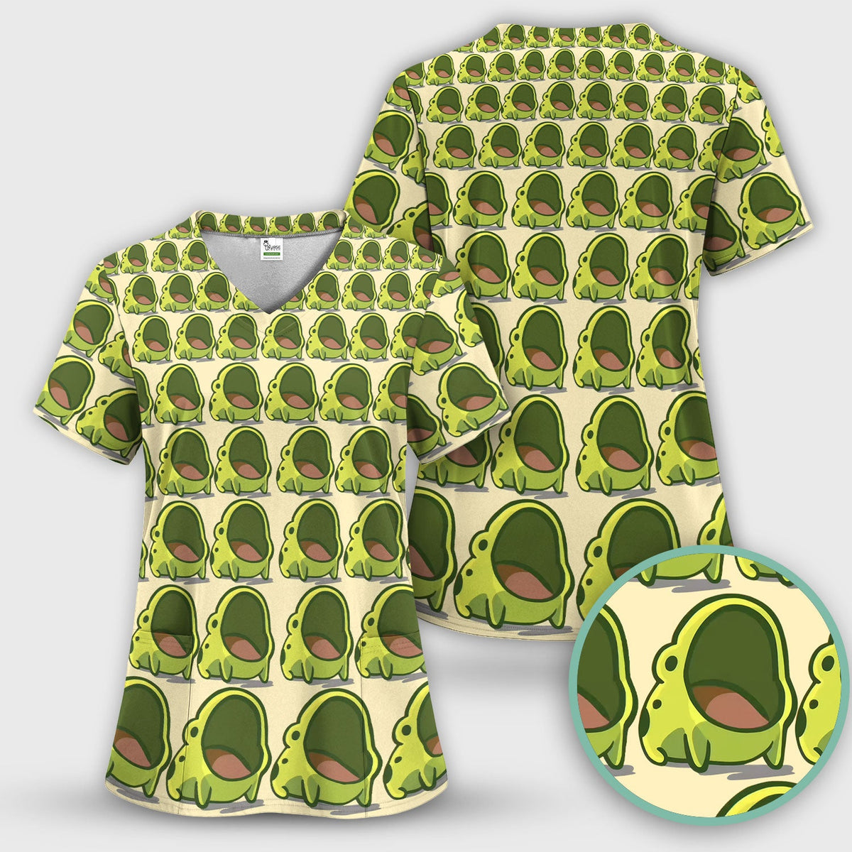 Green Frog Cartoon Nurse Scrub Top