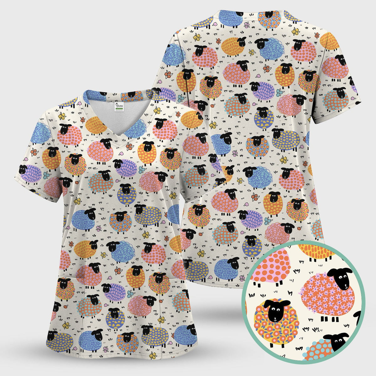 Adorable Colorful Sheep Nurse Scrub Top