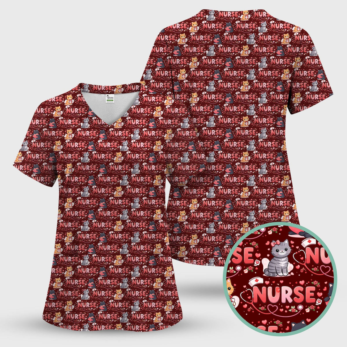 Cat Heart Nurse Scrub Top - Valentines Day Gift
