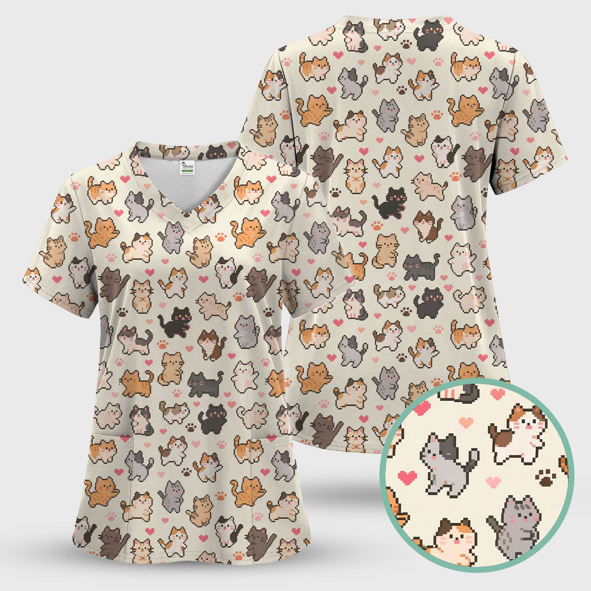 Pixel Cat Heart Paw Nurse Scrub Top