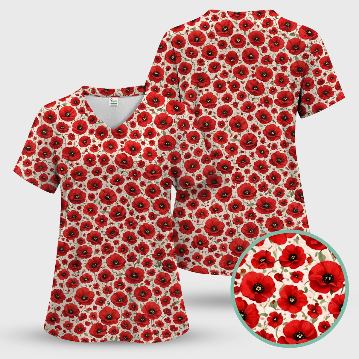 Red Poppy Flower Garden Nurse Scrub Set