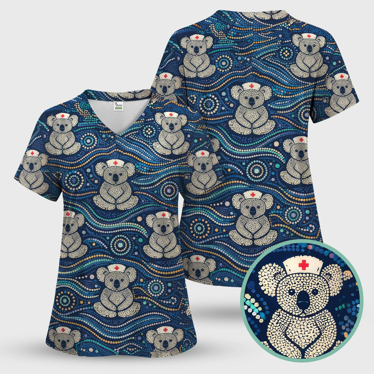 Koala Pattern Nurse Scrub Top, Aboriginal Dot Art Medical Shirt For Women, Breathable Fabrics Nursing Uniform
