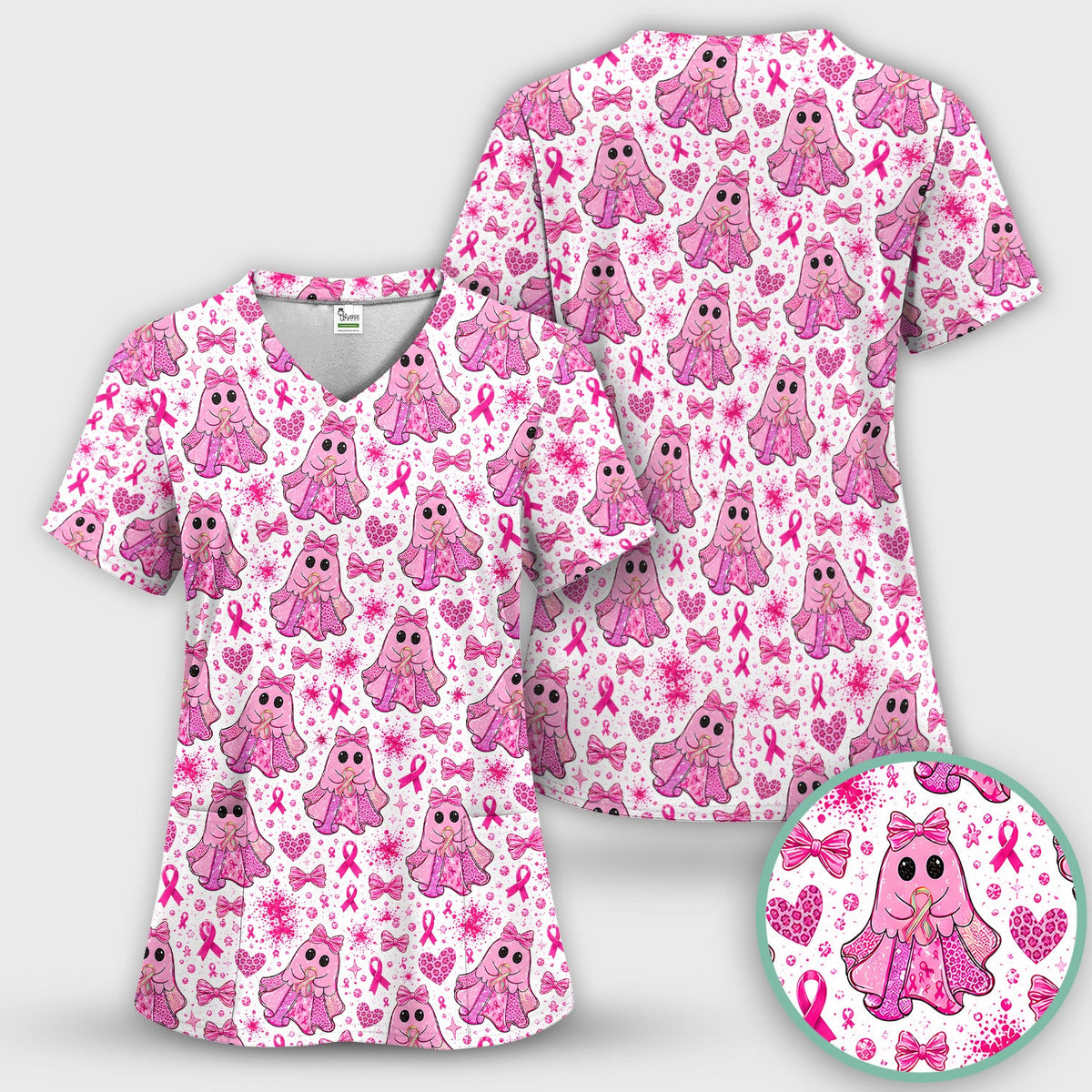 Breast Cancer Ribbon Ghost Princess Scrub Top, Comfortable Scrubs for Nurses