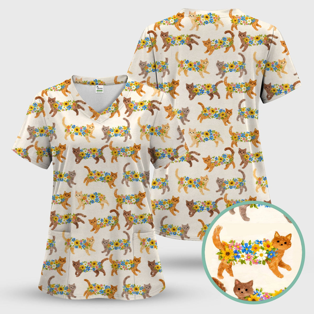 Flower Filled Cat Nurse Scrub Top