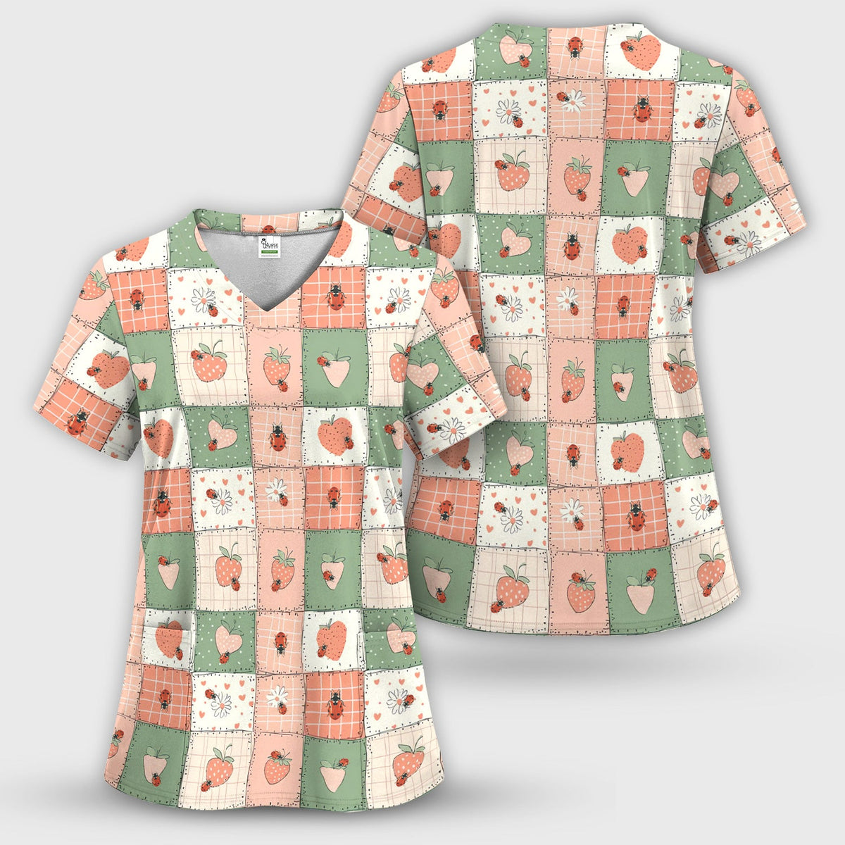 Strawberry Ladybug Patchwork Nurse Scrub Top
