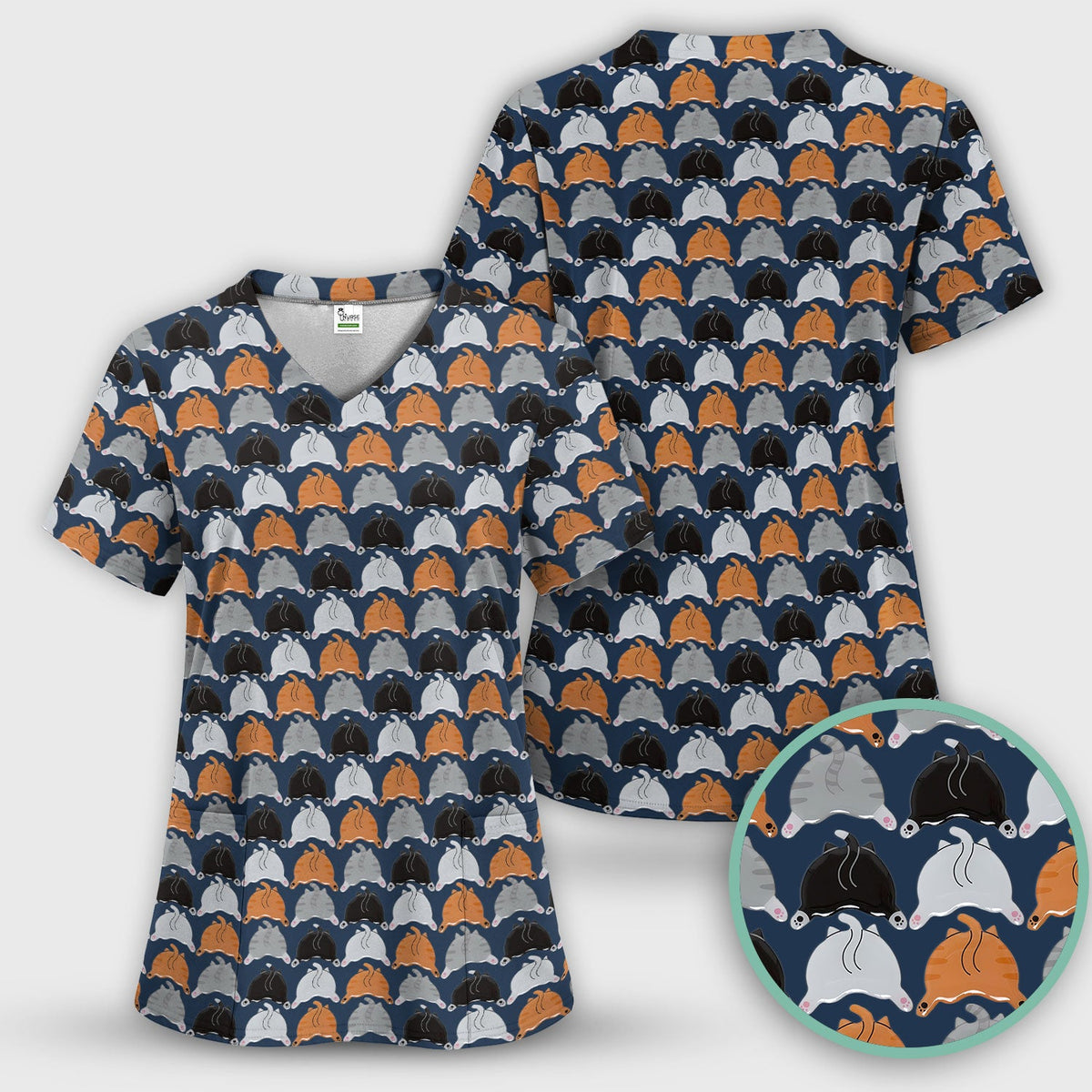 Multicolor Cat Nurse Scrub Top