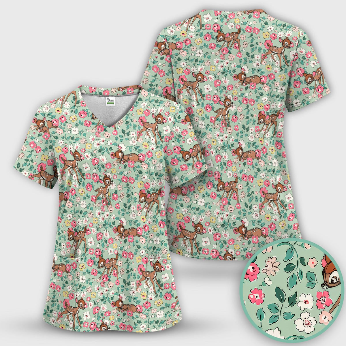 Cute Baby Deer Floral Nurse Scrub Set