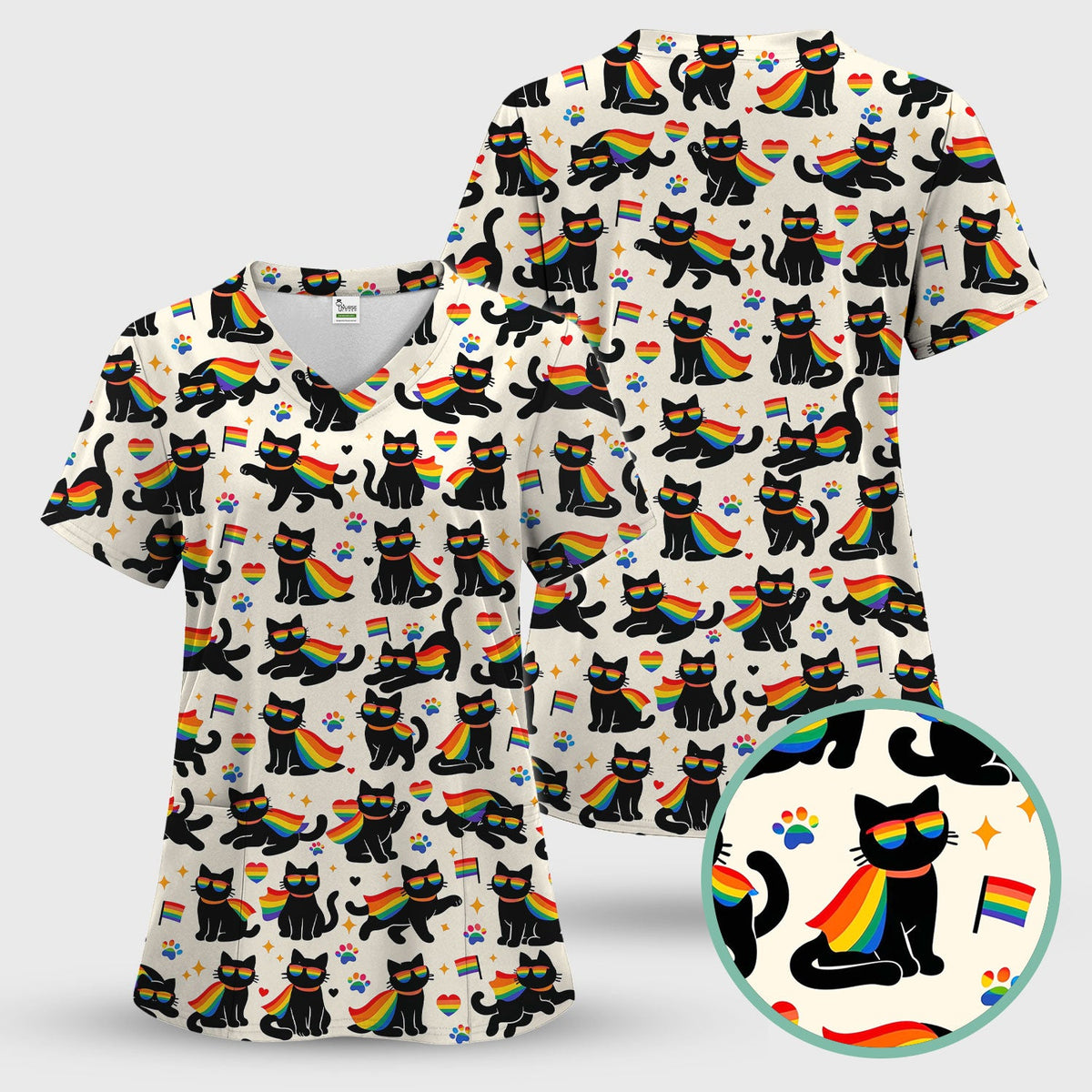 Rainbow Black Cat Pride Nurse Scrub Top
