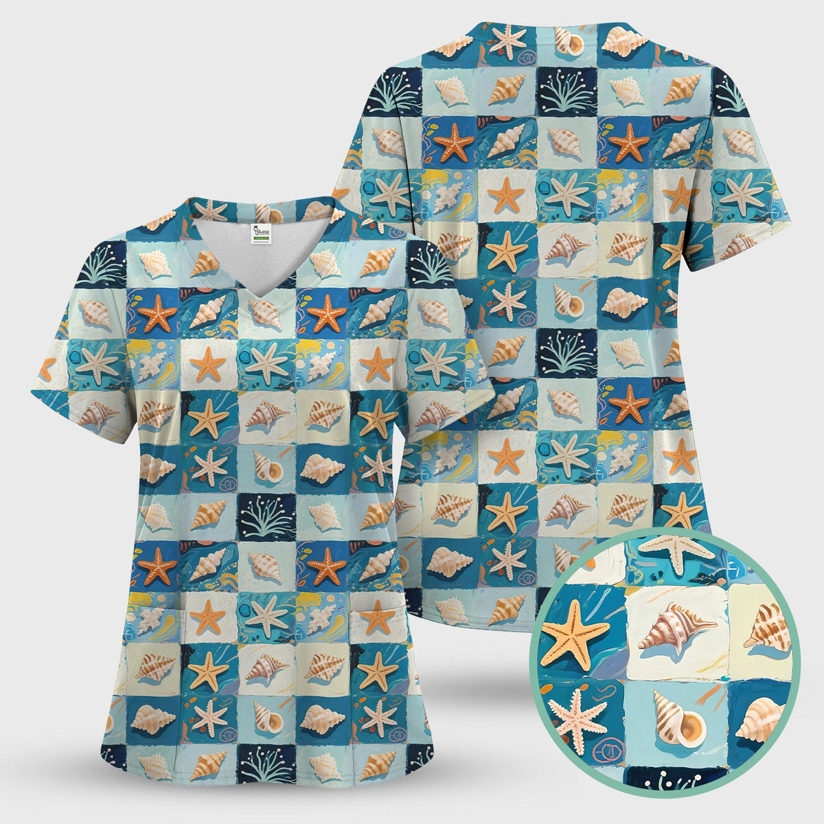 Seashell Starfish Ocean Tile Nurse Scrub Top