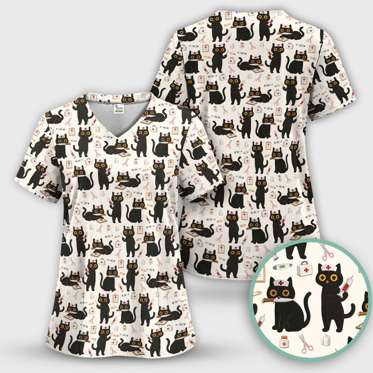 Cute Teal Black Cat Nurse Scrub Set
