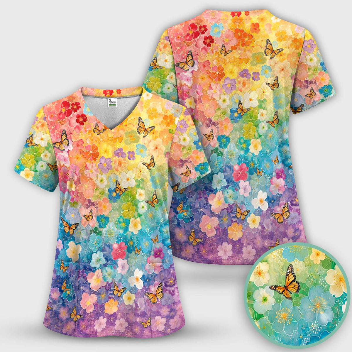 Rainbow Butterfly Floral Blossom Nurse Scrub Set