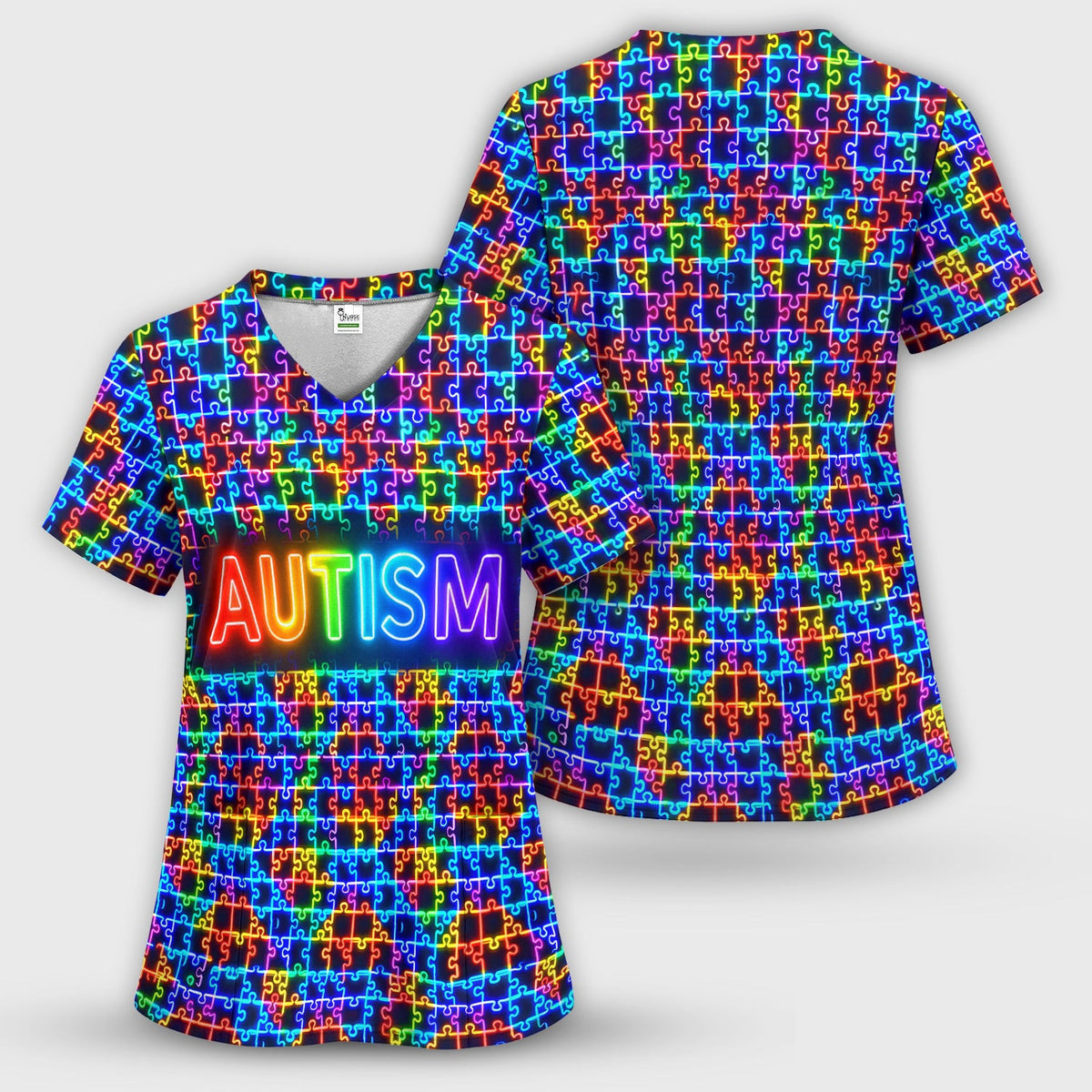 Autism Puzzle Neon Nurse Scrub Set
