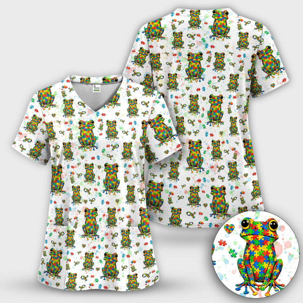 Colorful Autism Puzzle Frog Nurse Scrub Set