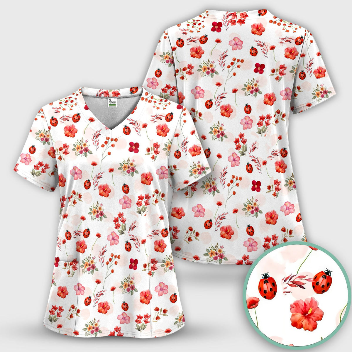 Red Ladybug Floral Garden Nurse Scrub Set