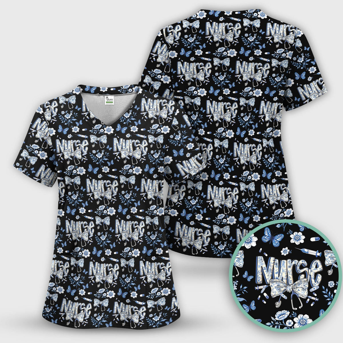 Blue Nurse Bow Butterfly Floral Scrub Set