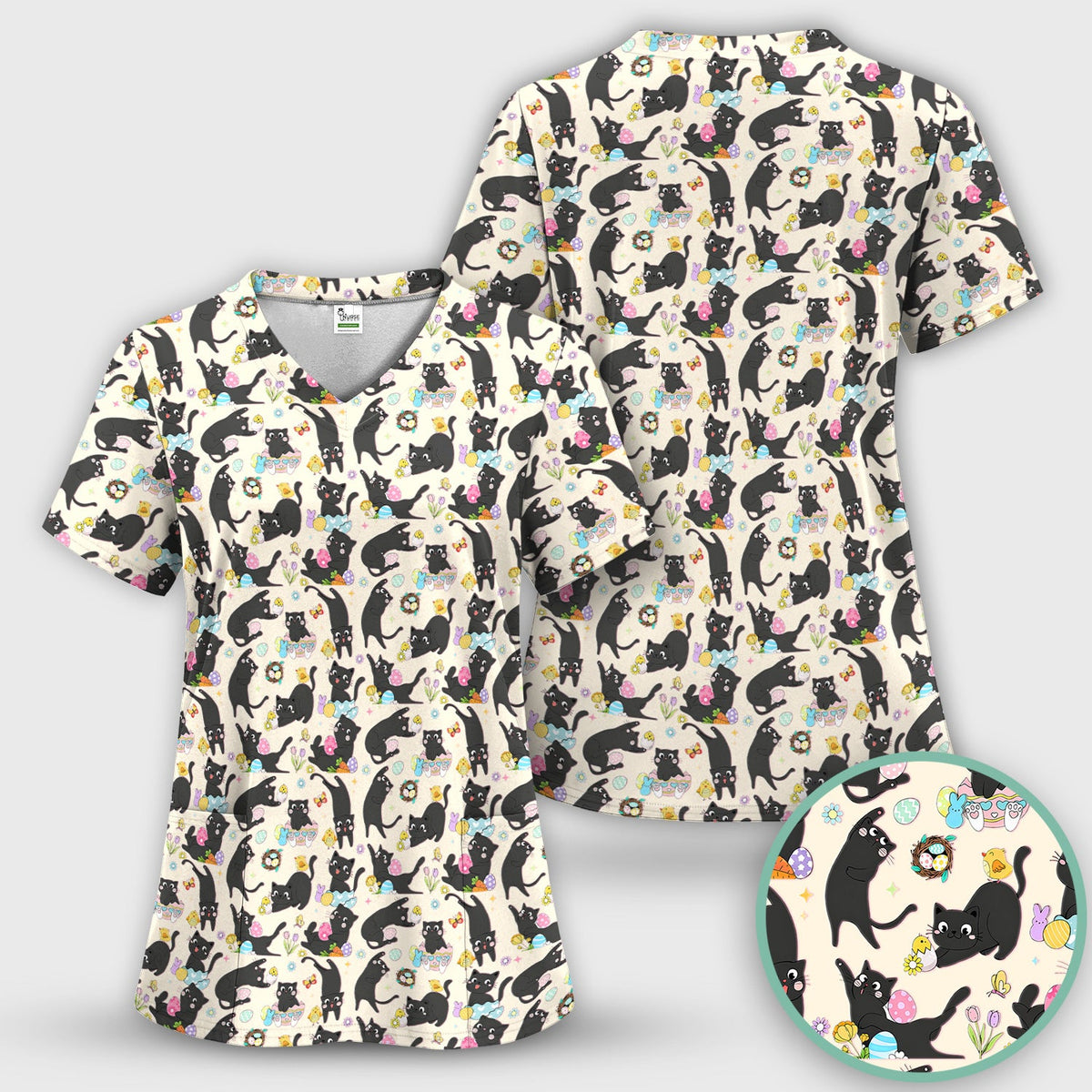 Black Cat Easter Egg Nurse Scrub Top