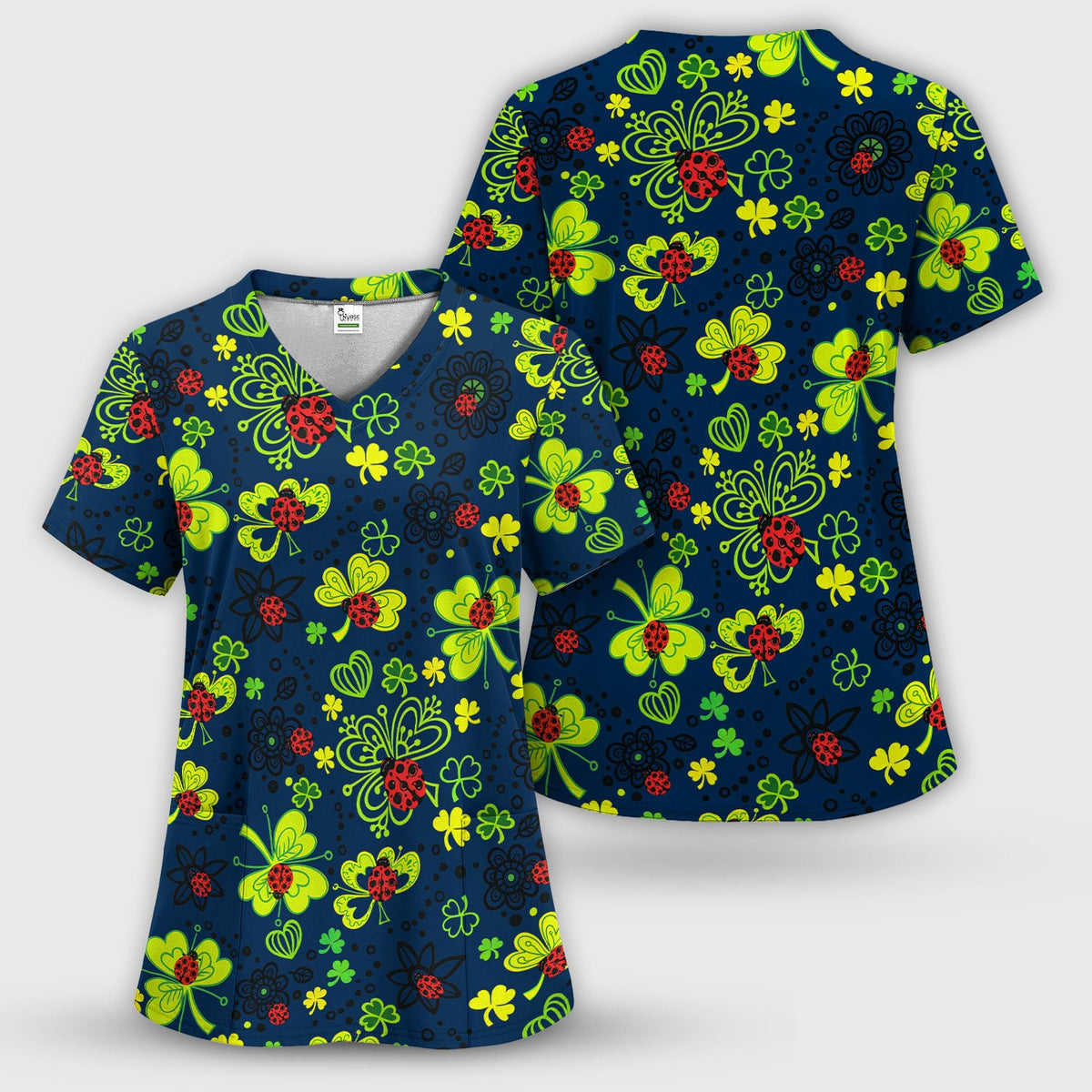 Ladybug Clover Floral Pattern Print Scrub Sets, Scrub Pants and V Neck Top