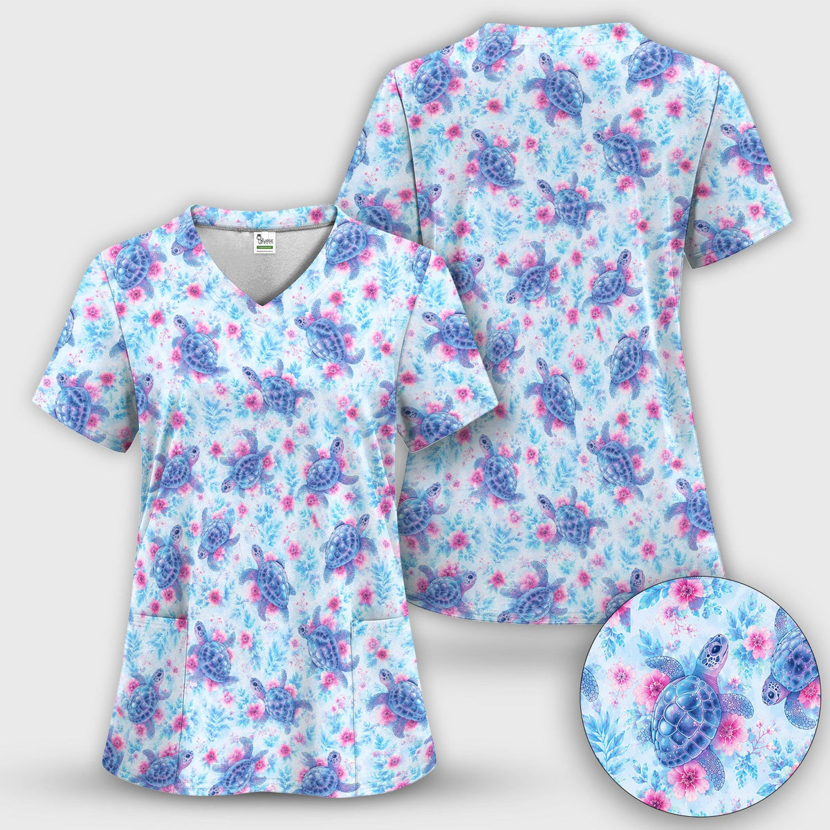 Sea Turtle Floral Nurse Scrub Set