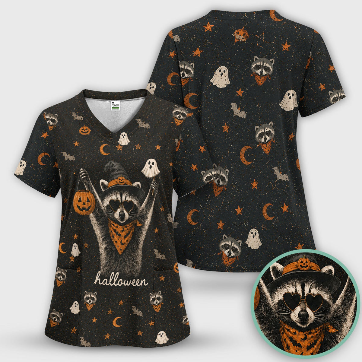 Ghost Pumpkin Raccoon Nurse Scrub Top - Halloween Gift