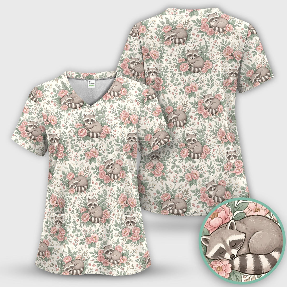 Sleeping Raccoon Rose Garden Nurse Scrub Top