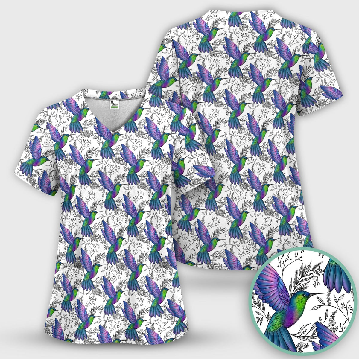 Colorful Hummingbird Botanical Nurse Scrub Top