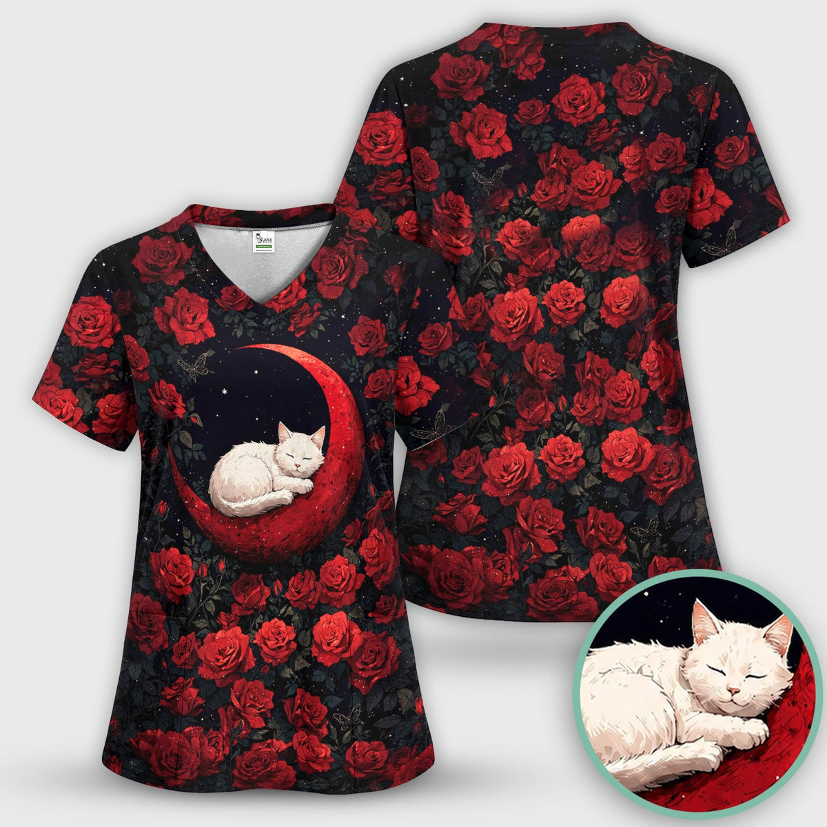 Gothic Red Moon Cat Nurse Scrub Top
