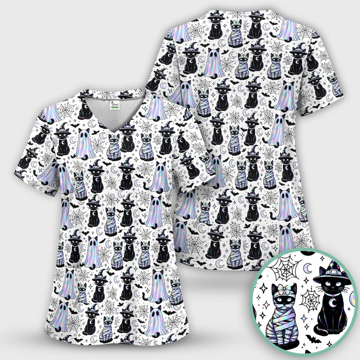 Ghost Witch Cat Nurse Scrub Top - Halloween Gift