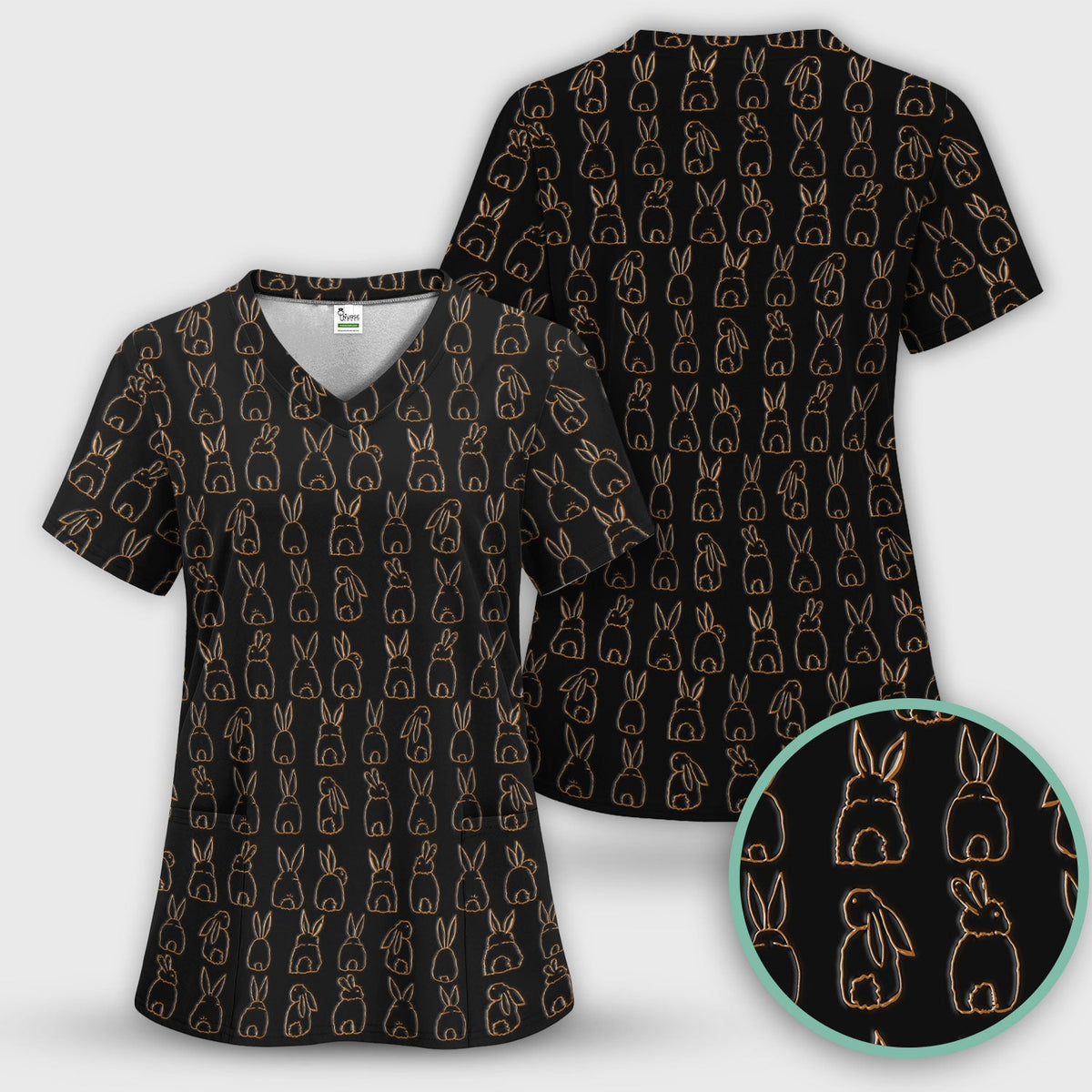 Cartoon Bunny Line Art Nurse Scrub Top - Easter Gift