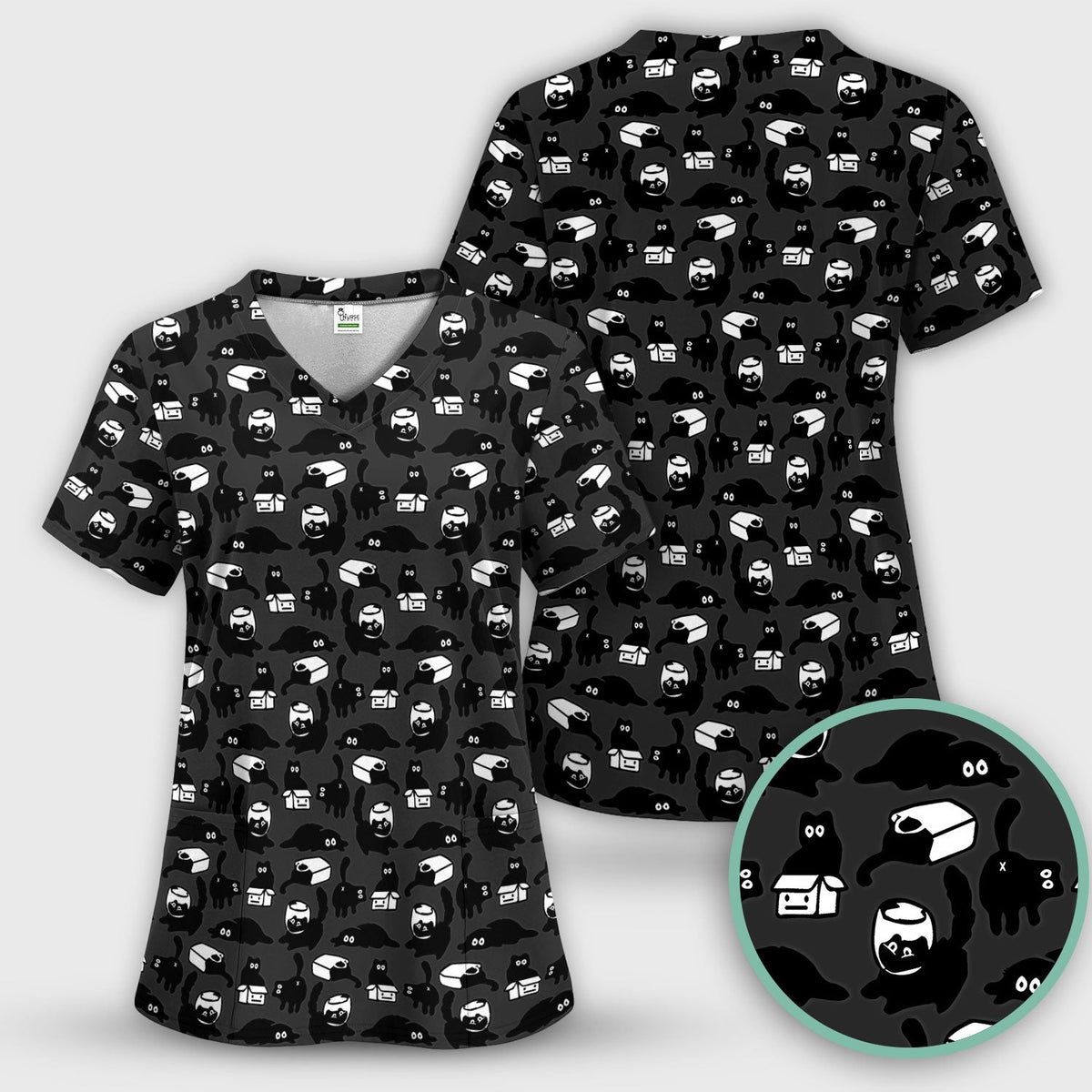 Dark Playful Cat Cartoon Pattern Scrub Set, Breathable Med Uniform