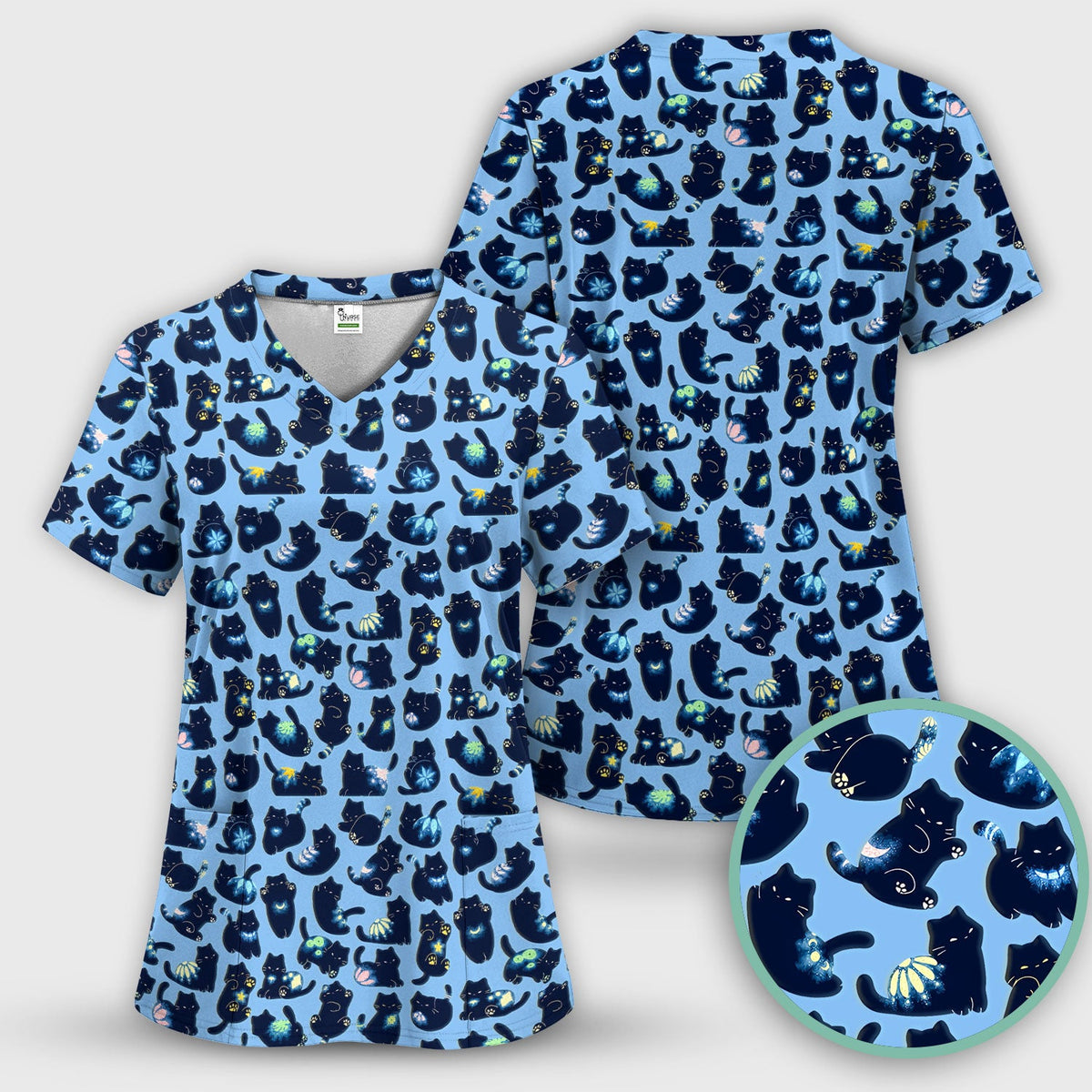 Midnight Black Cat Nurse Scrub Top