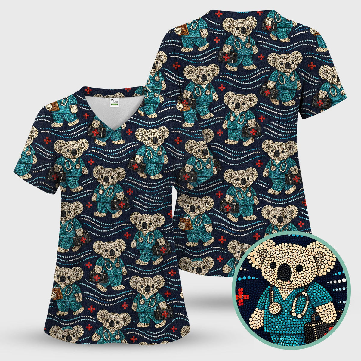 Aboriginal Dot Art Pattern Nurse Scrub Top, Koala Medical Shirt For Women, Breathable Fabrics Nursing Uniform