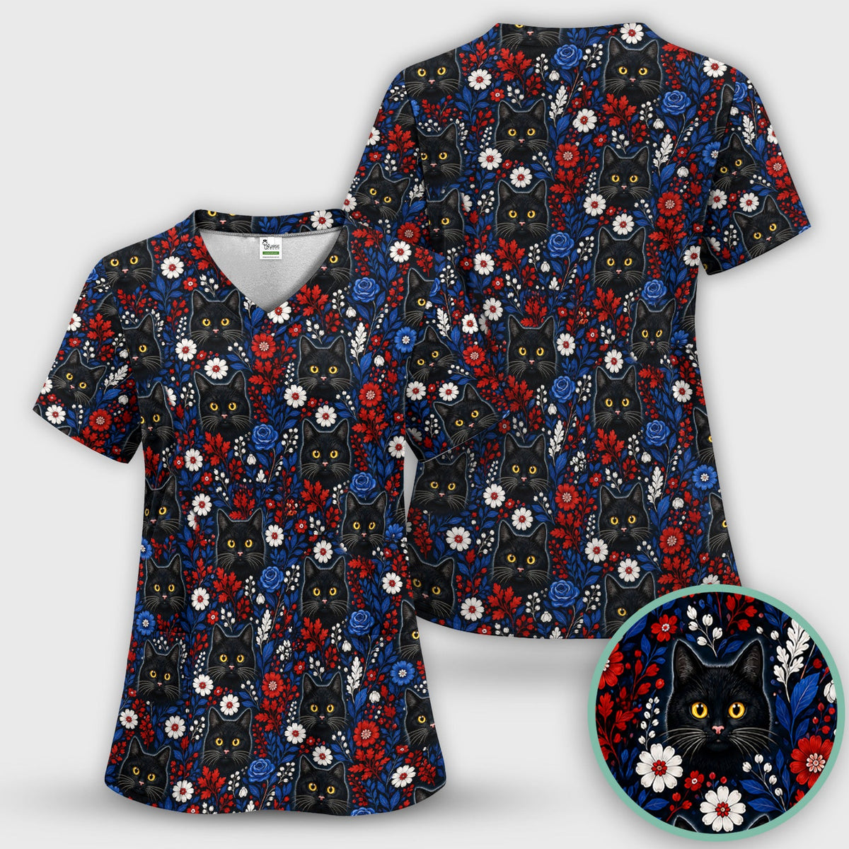 Black Cat Nurse Floral Scrub Set
