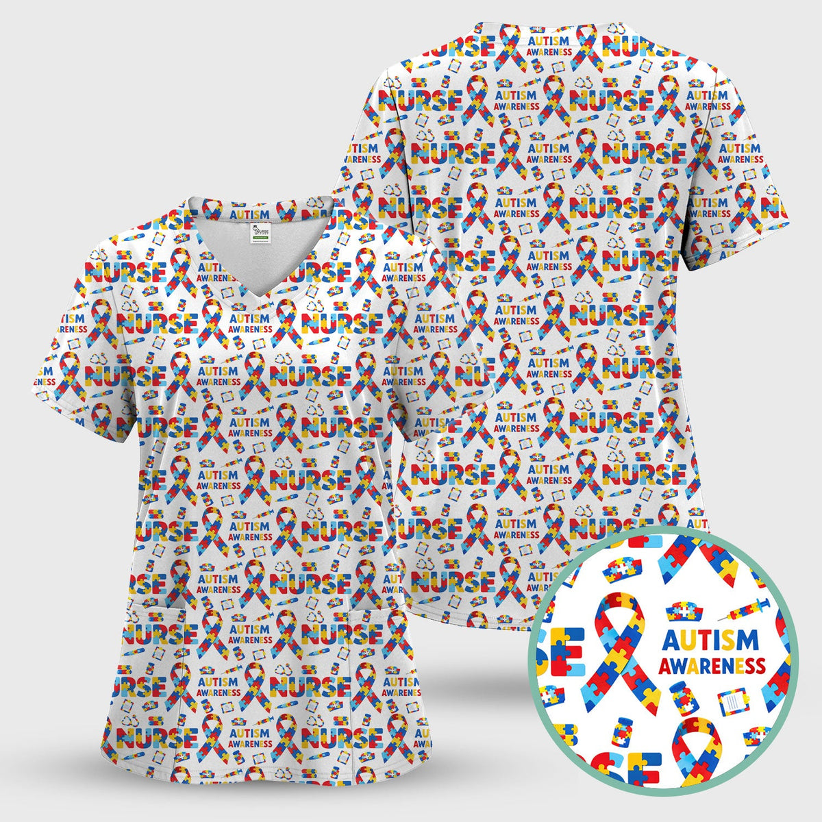 Autism Awareness Puzzle Ribbon Nurse Scrub Set