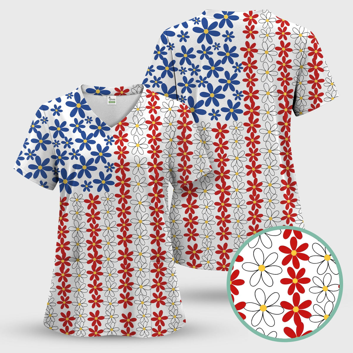 Retro Red Blue Daisy Nurse Scrub Top