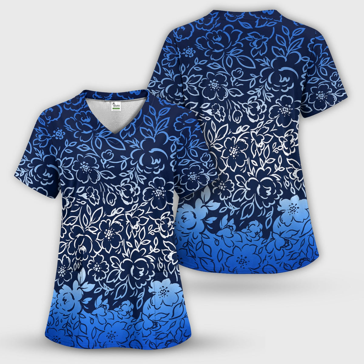 Navy Botanical Flower Nurse Scrub Top