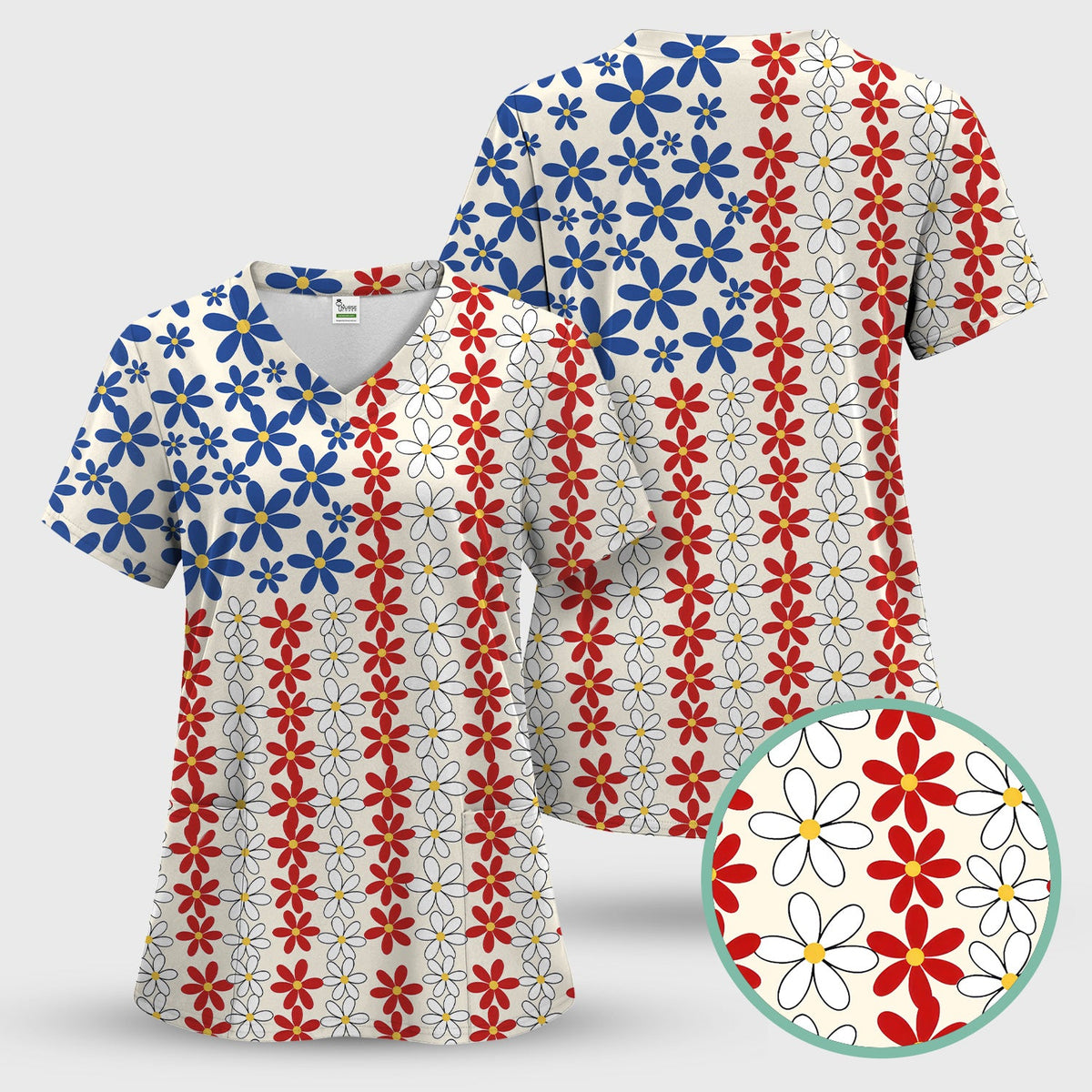 Retro Red Blue Daisy Nurse Scrub Top