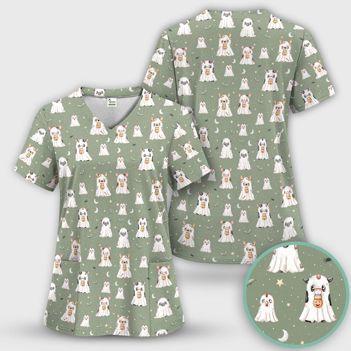 Spooky Farm Animal Ghost Nurse Scrub Top