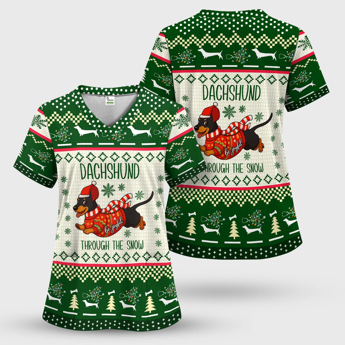 Wiener Dog Through The Snow Christmas Nurse Scrub Top