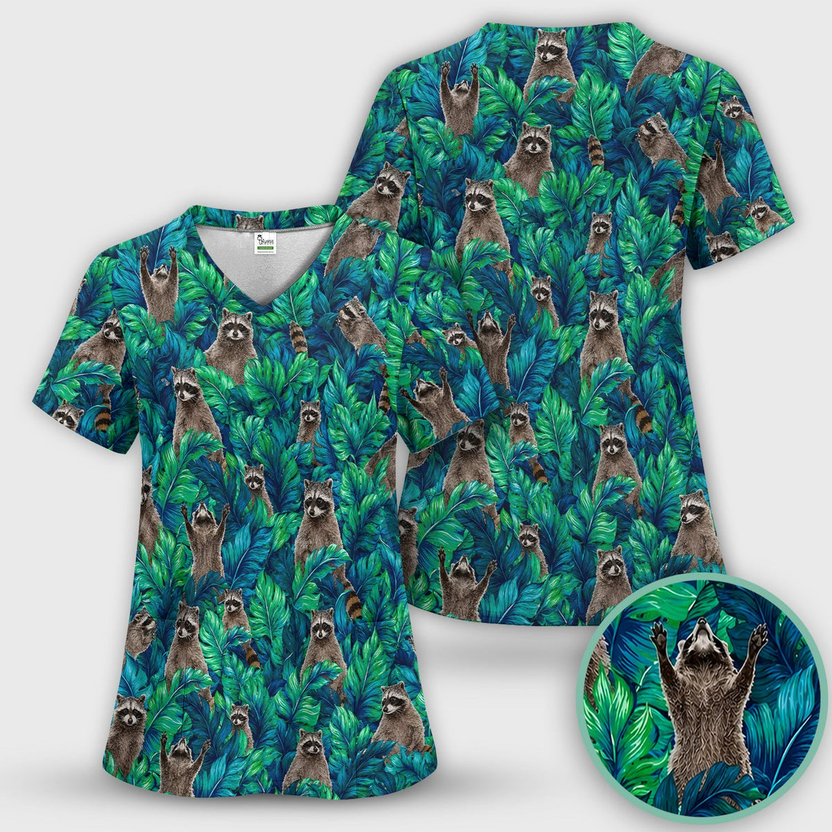 Tropical Raccoon Jungle Leaves Nurse Scrub Top
