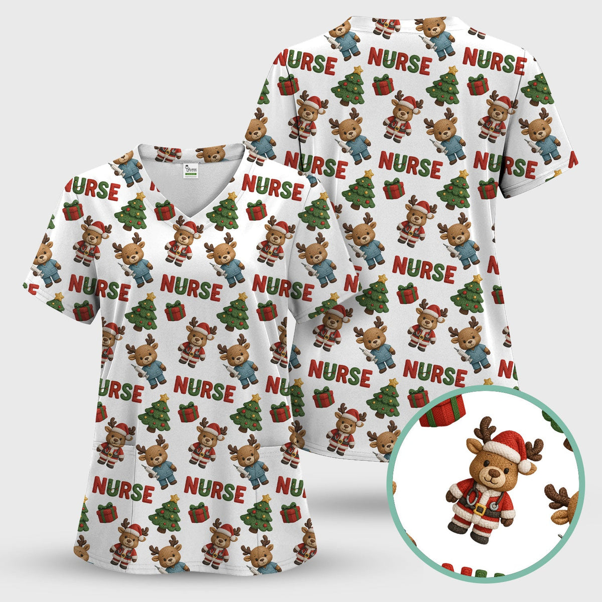 Reindeer Christmas Scrub Top, Cute Holiday Nurse Scrub Shirt, Festive Pattern Nursing Uniform