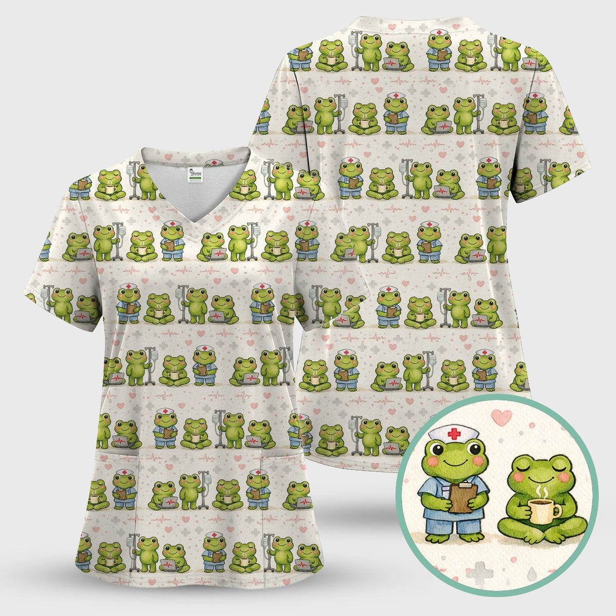 Adorable Frog Various Poses Nurse Scrub Set