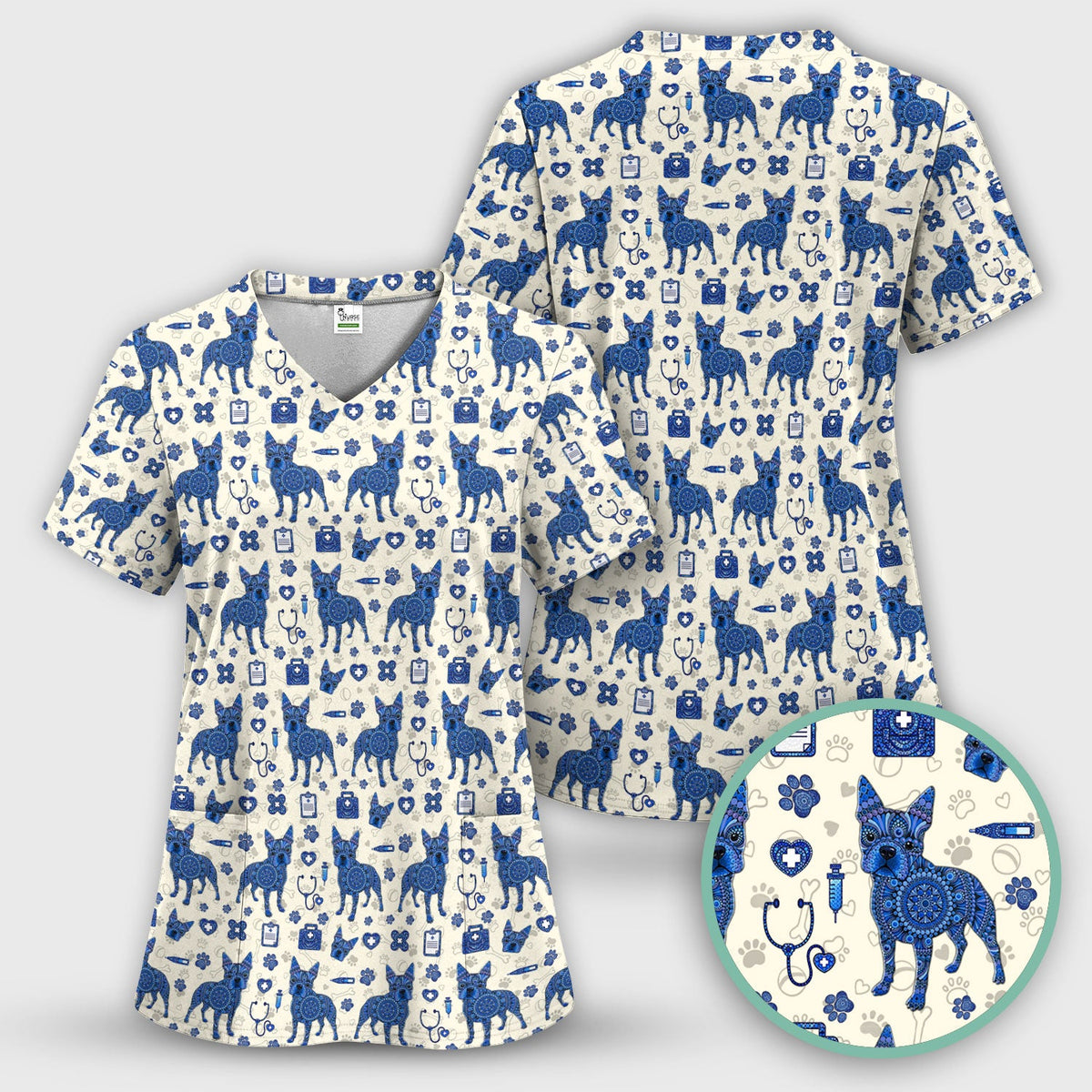 Blue Heeler Australian Cattle Dog Scrub Top, Australia Dot Art Pattern Shirt, Breathable Fabrics Nursing Uniform