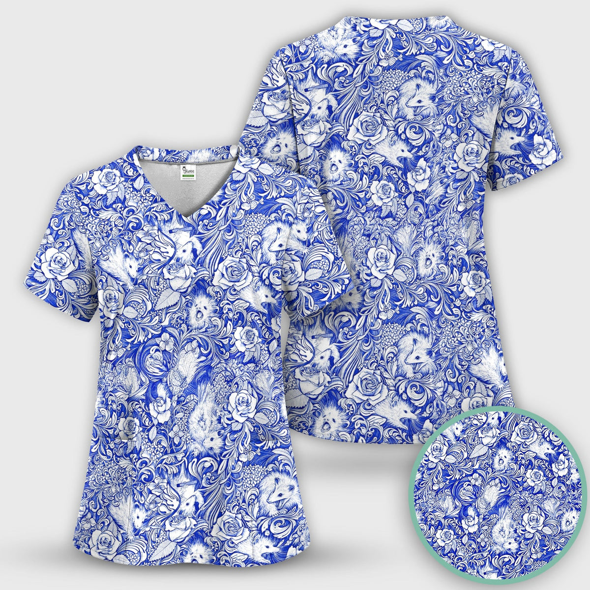 Blue Floral Opossum And Roses Nurse Scrub Set