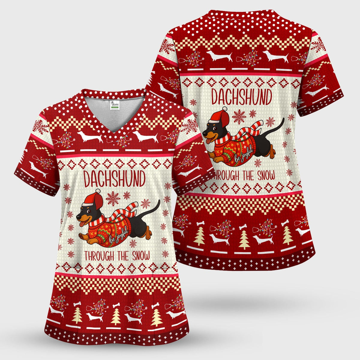 Wiener Dog Through The Snow Christmas Nurse Scrub Top