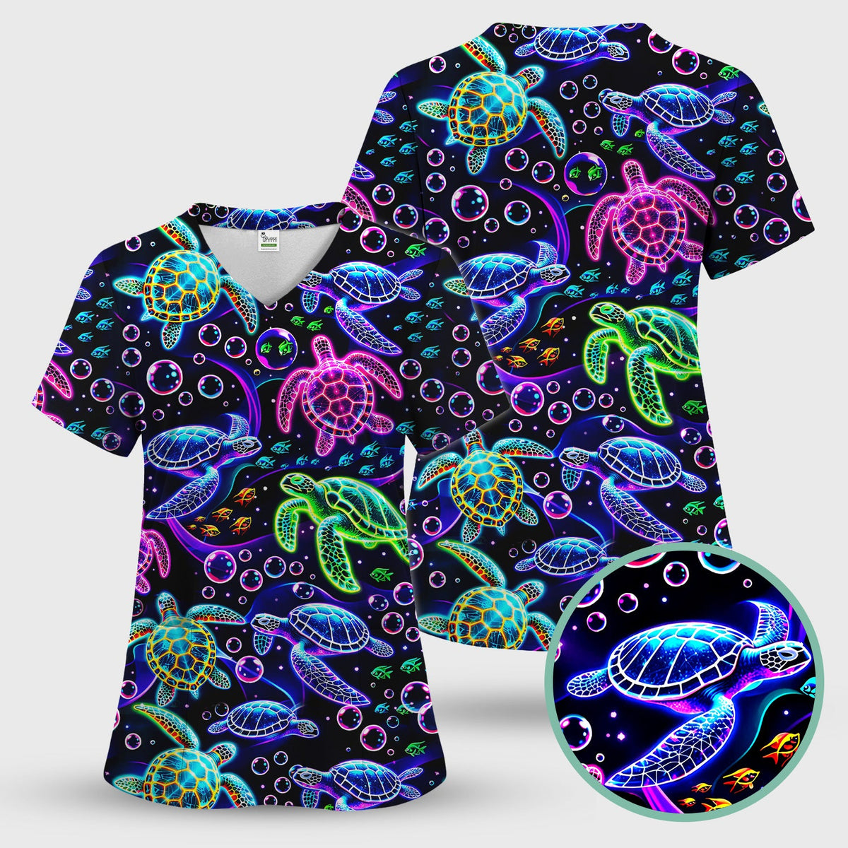 Neon Sea Turtle Swimming Bubble Ocean Scrub Set, Scrub Pants and V Neck Top