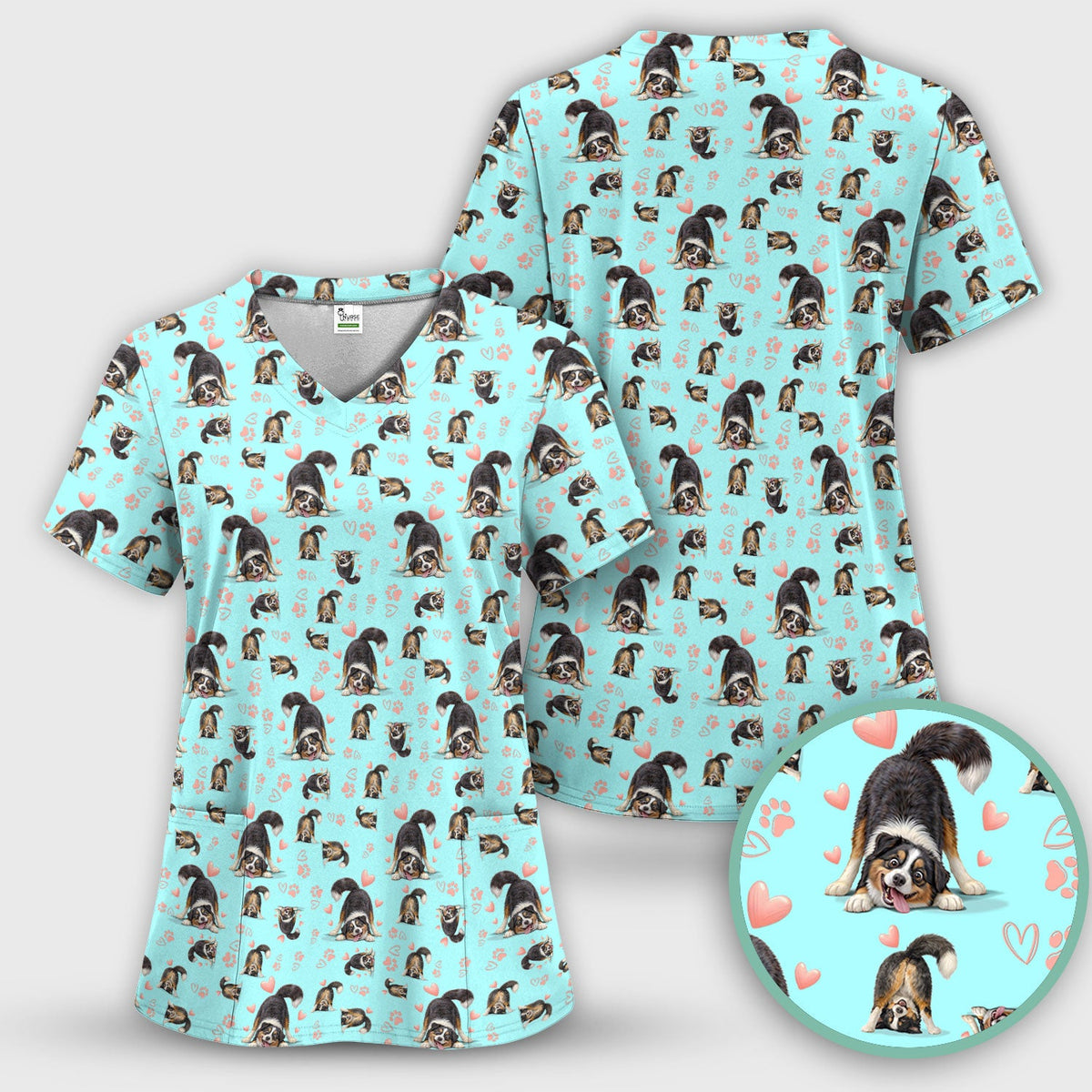 Playful Dog Heart Medical Print Scrub Top, Breathable Fabrics Nursing Uniform
