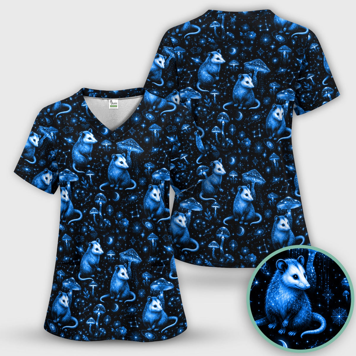 Celestial Blue Opossum Mushroom Nurse Scrub Top