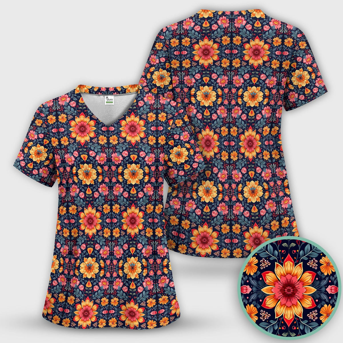 Elegant Dark Floral Nurse Scrub Top