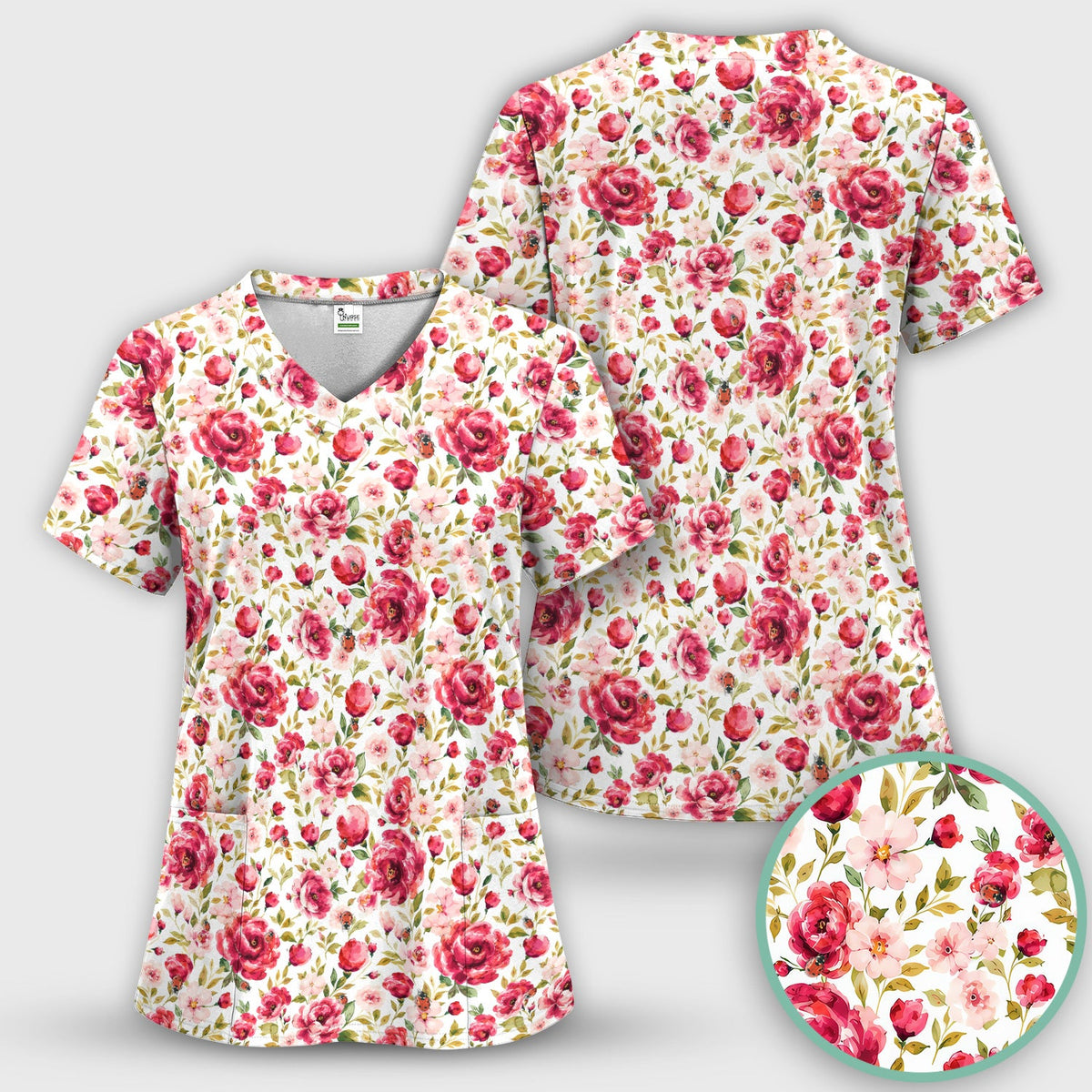 Pink Rose Ladybug Garden Nurse Scrub Set