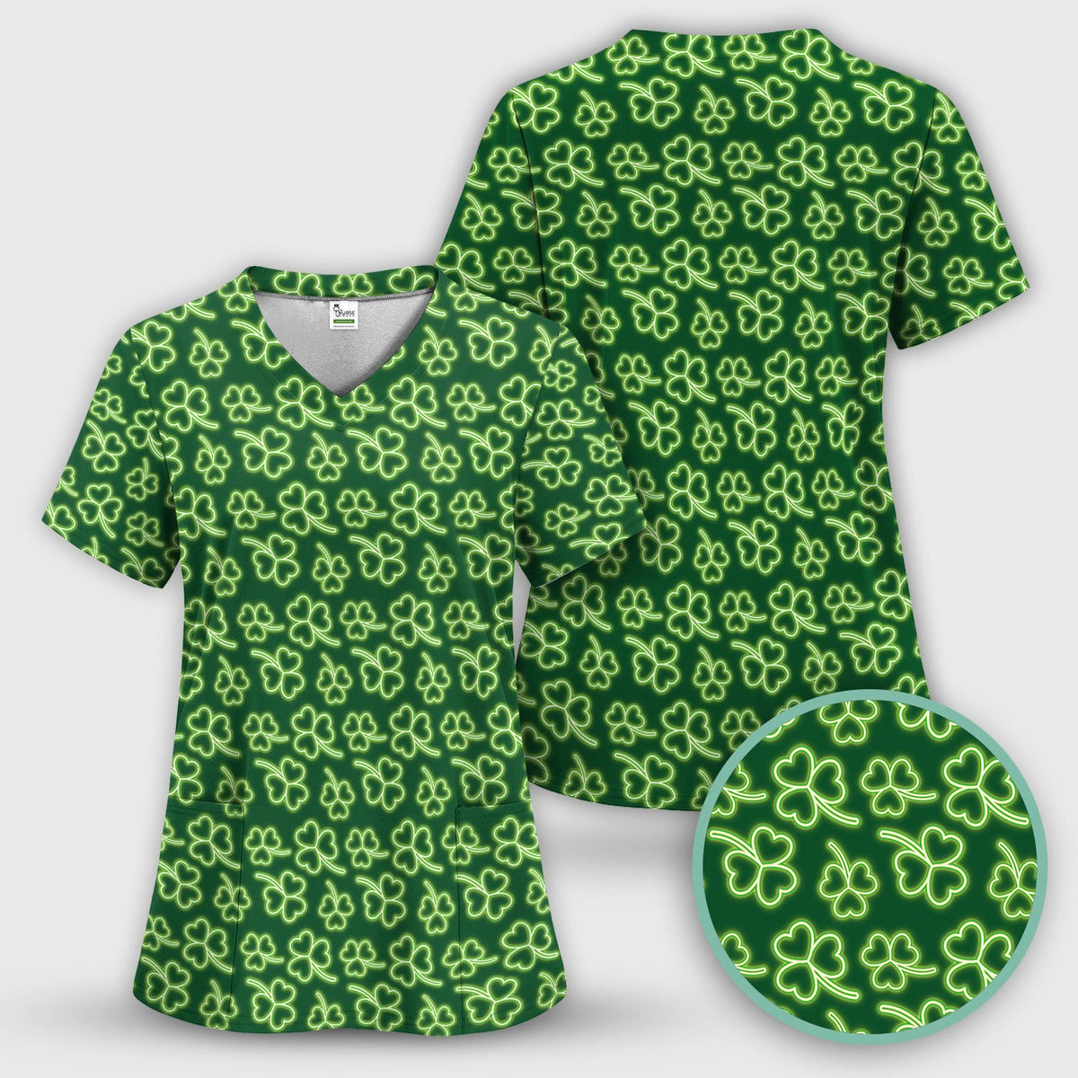 Neon Shamrock Nurse Scrub Top, St. Patrick’s Day Glow Green Pattern Pattern Shirt,  Breathable Fabrics Nursing Uniform
